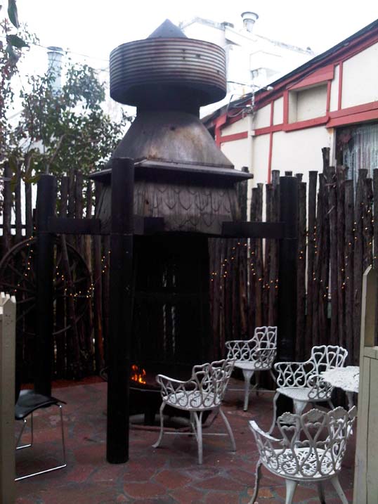 The odd fire pit outside at Babe's Chicken Dinner House in Carrollton, Texas.