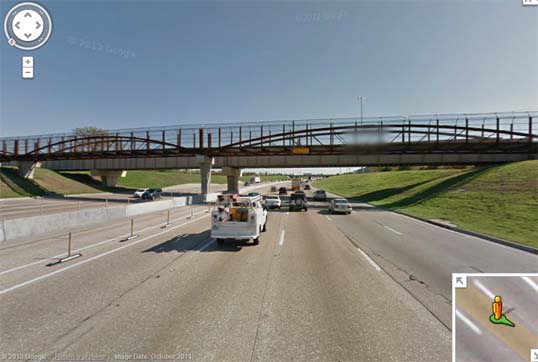 The pedestrian bridge over LBJ at the Skillman Dart station - photo from Googlemaps.