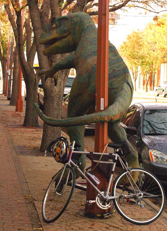 My bicycle locked up to the TRex in Exposition Park, Dallas, Texas