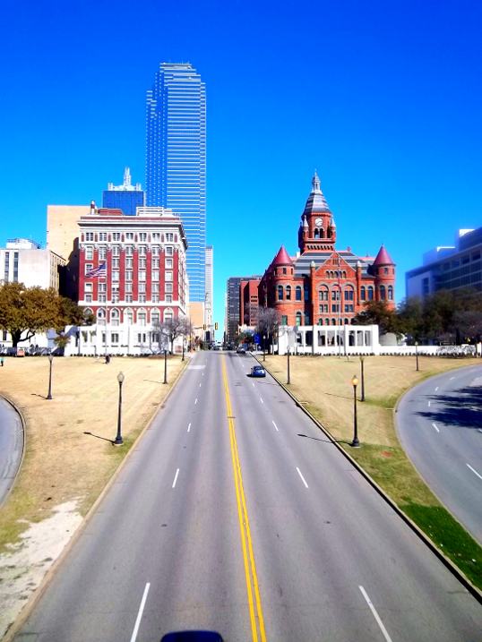 The view east down Main Street from the Triple Underpass. The sun will rise right down the middle of the street on April 19, morning Dallashenge.