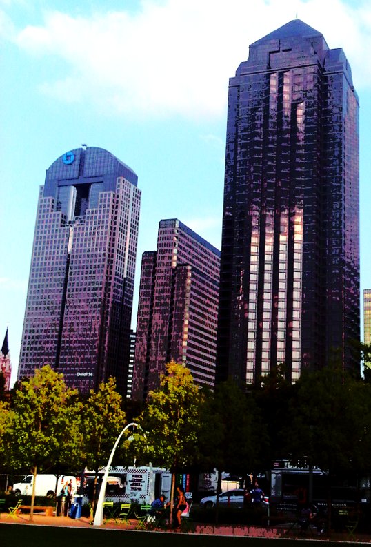 Three skyscrapers from Klyde Warren Park, Dallas, Texas