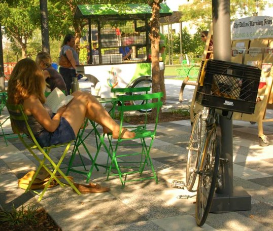 Milk Crate Bike in the reading area in Klyde Warren Park.