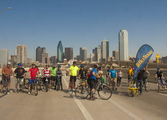 Bike Texas group on the bridge, with the Dallas skyline in the background. (click for full size version on Flickr)