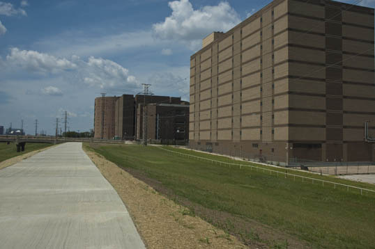 Top of the levee, with the Dallas Jail in the background.
