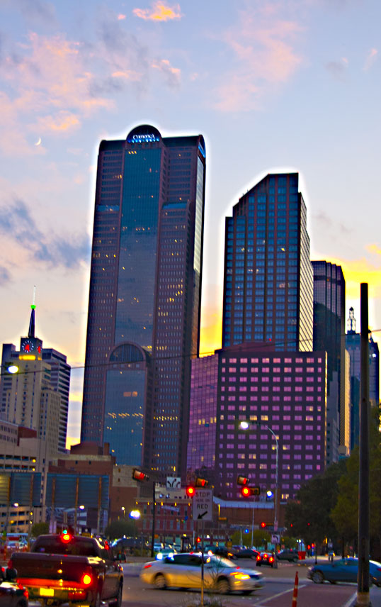 Downtown Dallas at sunset.