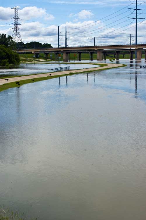 The Santa Fe Trestle Trail snaking its way through the flooded Trinity River Bottoms. Dallas, Texas.