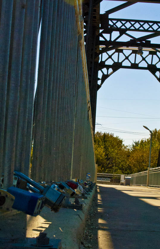 Love Locks lined up on the bridge of the Santa Fe Trestle Trail, Dallas, Texas 